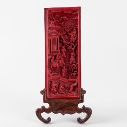 A Chinese Red Lacquer Hundred Boys Wrist Rest (Original wooden stand)