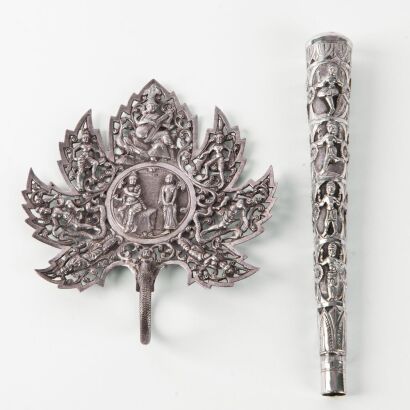 An Indian 19th Century Silver Foliate Saucer AND A Silver Cane Handle