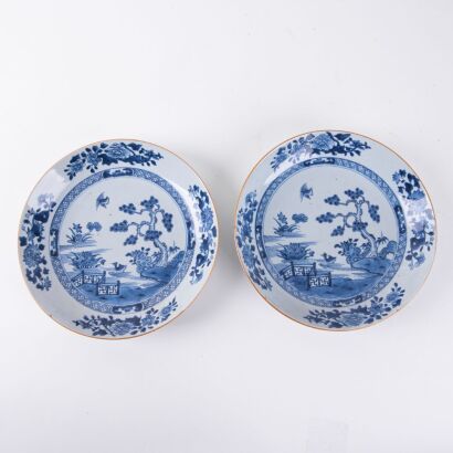A Pair of Chinese 18th Century Blue and White 'Mandarin Duck and Lotus Pond' Dishes