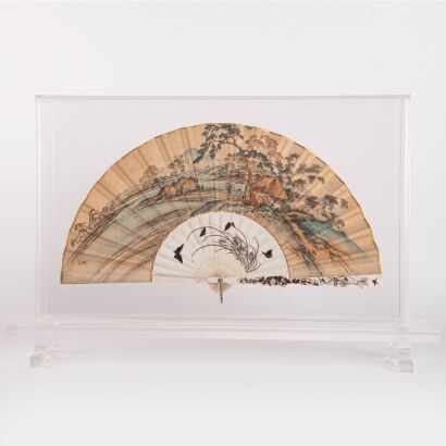 A Painting Fan in Paper, with ' Shibuyama' Enamel painted Ivory handles (Meiji period Circa 1880 Japan)