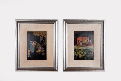 A Pair of Chinese 20th Century Lacquer &lsquo;Figural and Narrative Scenes&rsquo; Paintings on Wood Panels