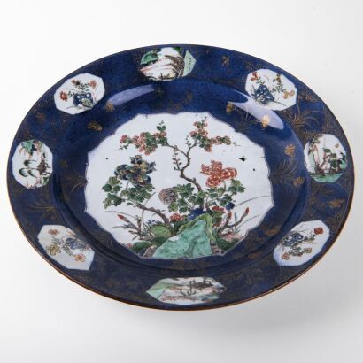 A Chinese Kangxi Period Blue-ground Famille-verte 'Floral' Charger