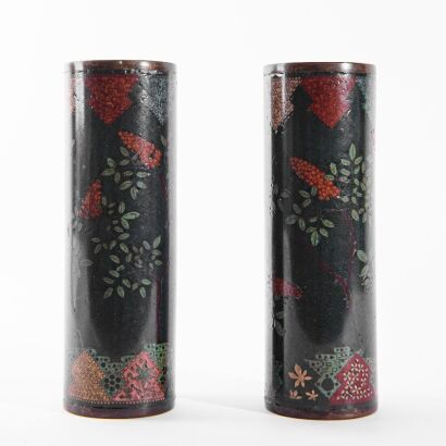 A Pair of Japanese Meiji Period Cloisonn&eacute; Enamel Floral Cylindrical Vases