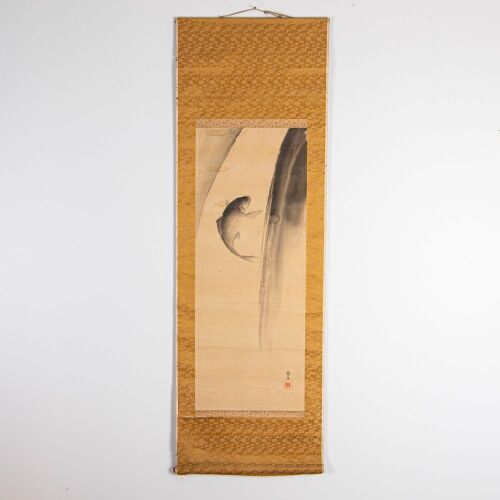A Japanese Meiji Period Ink &lsquo;Leaping Fish&rsquo; Painting on Silk