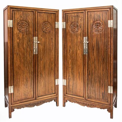 A Pair of Chinese Zitan Carved Peony Double-door Cabinets