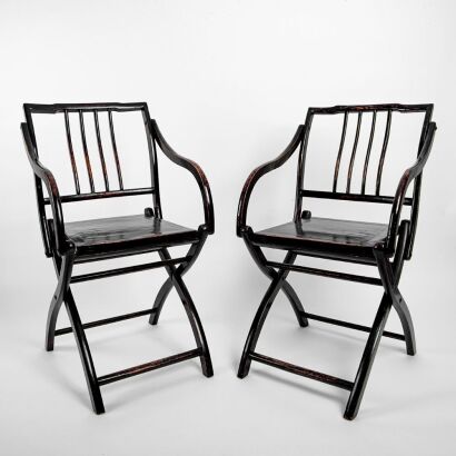 A Pair of Chinese Black Lacquered Old Wooden Folding Armchairs