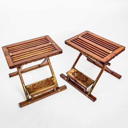 A Pair of Chinese Late Qing Dynasty &lsquo;Huanghuali&rsquo; &lsquo;Chilong&rsquo; Folding Stools (Mazha)