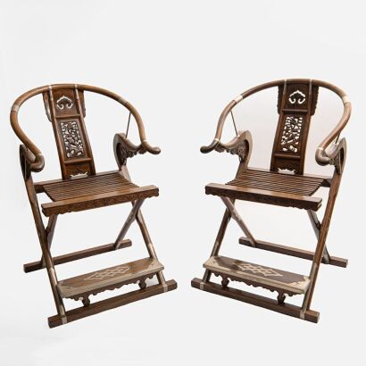 A Pair of Chinese Old Rosewood Horseshoe-back Folding Chairs