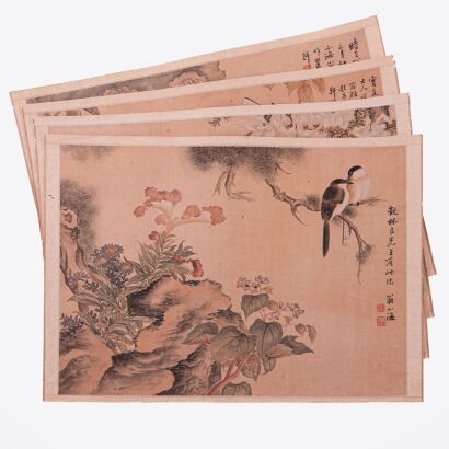 A Set of Four Chinese Bird and Flower Paintings (Weng Xiaohai Stamp)