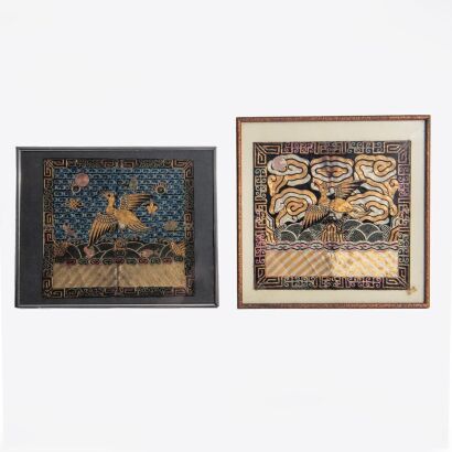 A Set of Two Chinese Qing Dynasty &rsquo;Crane in Gold Thread&rsquo; Rank Badges (Buzi)