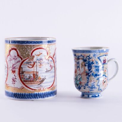 A Set of Two Chinese 18th Century Mid-Qing Dynasty Export Blue and White with Overglaze Enamel Large Porcelain Mugs