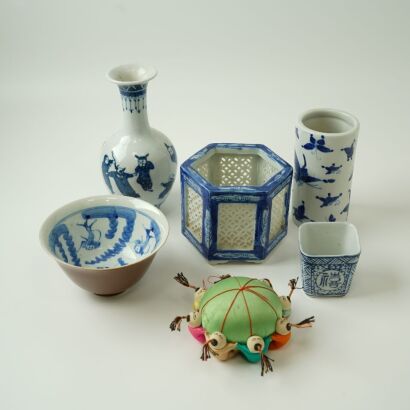 A Group of Five Chinese Jingdezhen Blue and White Porcelain Objects AND A Sewing Kit