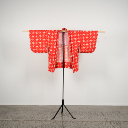 A set of Three Japanese Mid 20th-Century Red, Yellow, Pink Printed Ladies Kimonos