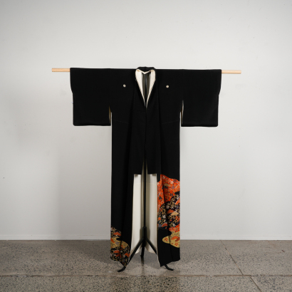 A Japanese Mid 20th-Century Silk Women's Kimono with Black Background