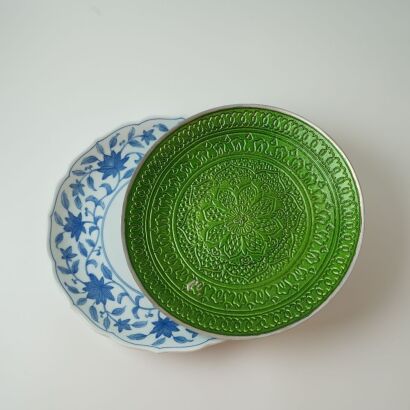 A Japanese Blue and White Floral Dish and an Engraved Metal Dish