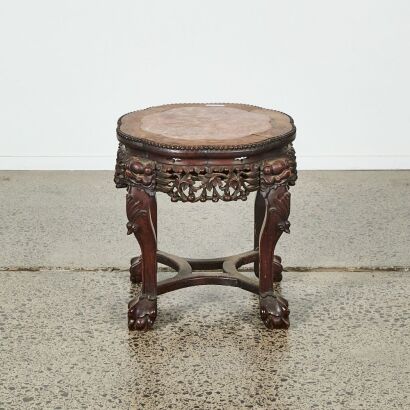 A Chinese 19th Century Qing Dynasty Carved Red Wood Marble-Top Coffee Table