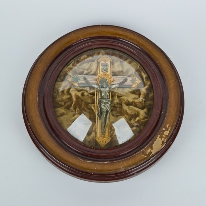An Antique Crucifix in a Wooden Frame with Dome Convex Glass