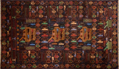 An Afghani War Rug with Gun, Grenade, and Tank Motif