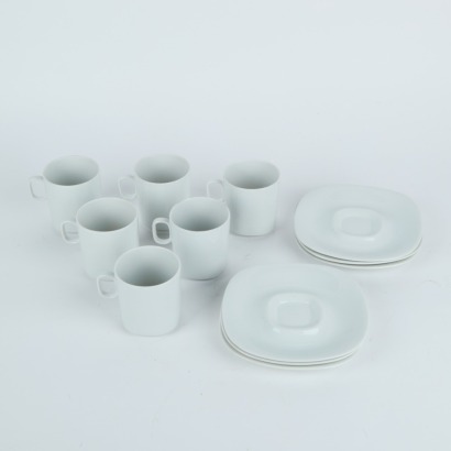 A Set of Six Mid-Century Suisse Langenthal Square Rounded Porcelain Coffee Cups & Saucers