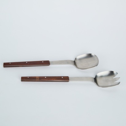 A Pair of Mid-Century Teak and Stainless Steel Salad Servers
