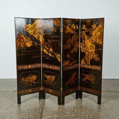 A Chinese Lacquered and Handstone Inland Four-Panel Screen, c.19th Century