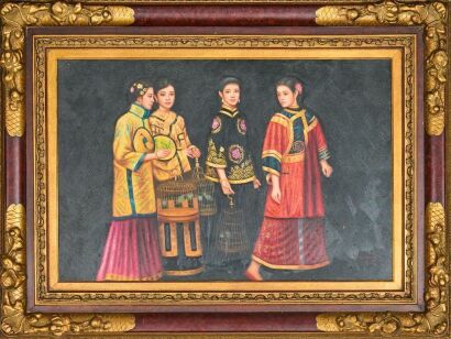 UNKNOWN ARTIST Oil Painting of Four Girls in Traditional Costume