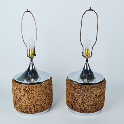 A Pair of American Mid-Century Cork and Chrome Table Lamps