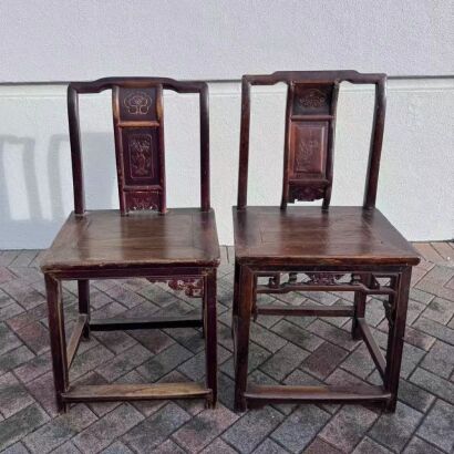 A Pair of Chinese Aged Wood Chairs with Bamboo Motif
