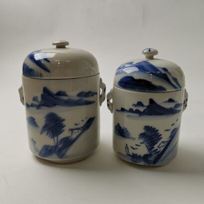 A Set of Two Chinese Early 20th Century Blue and White ' landscape" Lidded Jars