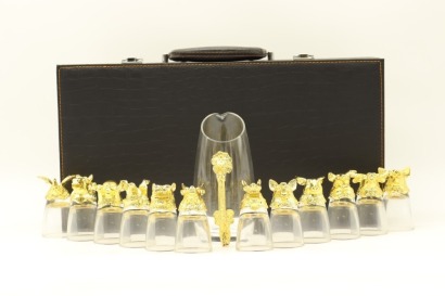 (1) Set of Chinese Zodiac Themed Shot Glasses with Gilded Jug in a Briefcase (GB)