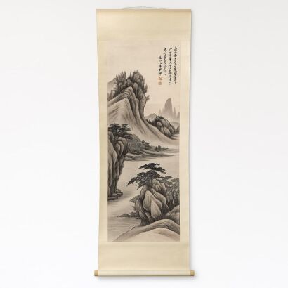 A Chinese Ink and Colour Landscape on Paper -Hanging Scroll