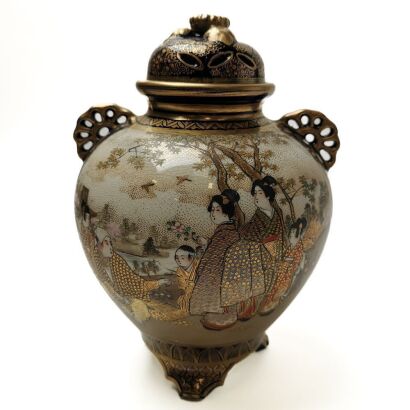 A Japanese Meiji Period Blue-ground Painted 'Figural' Incense Burner