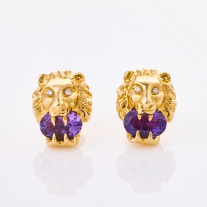 Gucci, 18ct Yellow Gold, Lion Head Amethyst / Diamond Stud Earrings