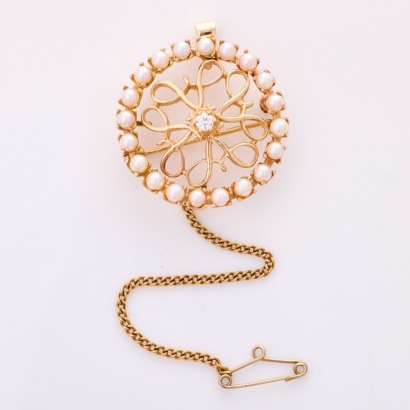 9ct Rose Gold, Antique Style, Pearl / .10ct Diamond Brooch / Pendant