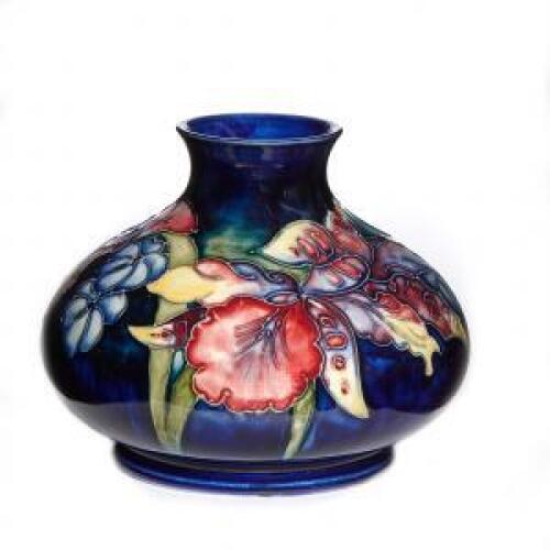 William Moorcroft, Orchid and Wildflowers Squat Vase, C.1936