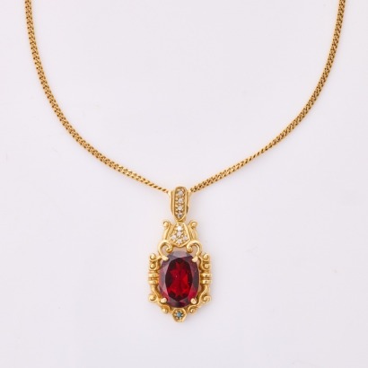 9ct Yellow Gold, Oval Mixed Cut Garnet on 45cm Curb Link Necklace