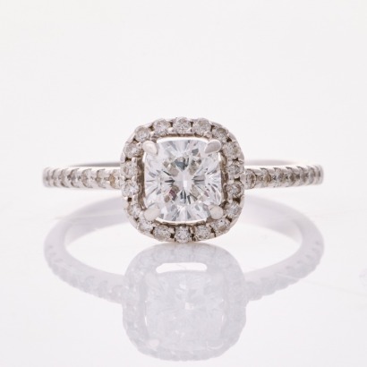 18ct White Gold, Modern, .78ct Cushion Cut Diamond / .29ct Diamond Halo Ring, GIA certified