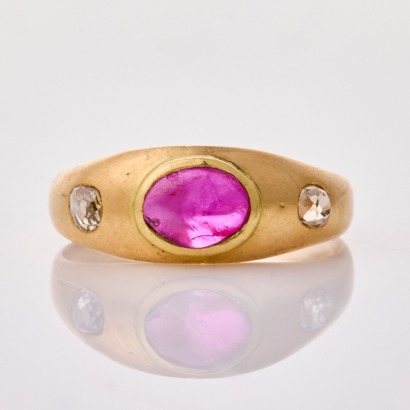 18ct Yellow Gold, Modern, Oval Cabochon Cut Ruby / .30ct Diamond Ring