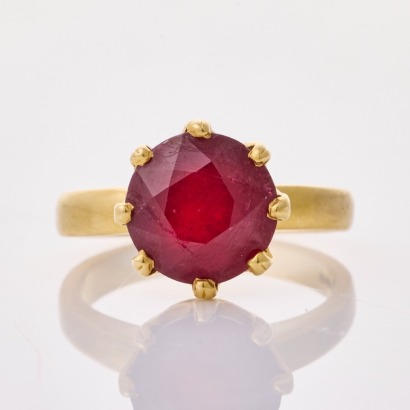 18ct Yellow Gold, Round Mixed Cut Ruby - Glass Composite Dress Ring