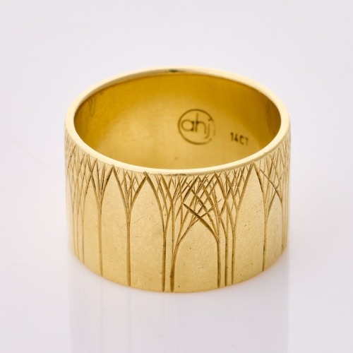 14ct Yellow Gold, 12mm Wide Engraved Band, Size N