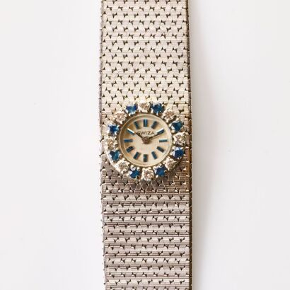 18ct White Gold, 8mm Swiza, Sapphire / Diamond Bezel Cocktail Wristwatch, circa 1970's