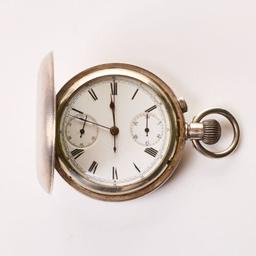 Sterling Silver, 51mm Baume / Longines, Full-Hunter Chronograph Monopusher Pocket Watch, circa 1910