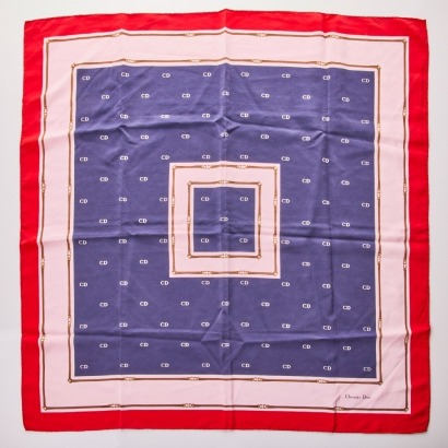 Christian Dior, Vintage, Square 71cm Navy / Red Scarf