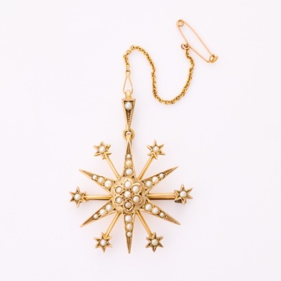 9ct Yellow Gold, Antique, Victorian Seed Pearl Brooch