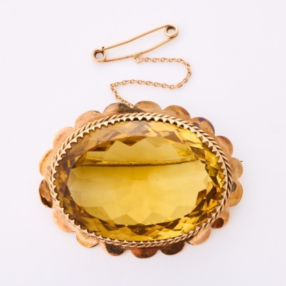 9ct Yellow Gold, Vintage, Extra Large, 150ct Oval Mixed Cut Citrine Brooch