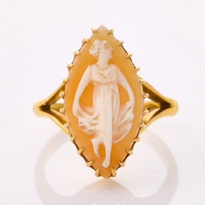 18ct Yellow Gold, Hand Carved, Shell Cameo Ring, Size P