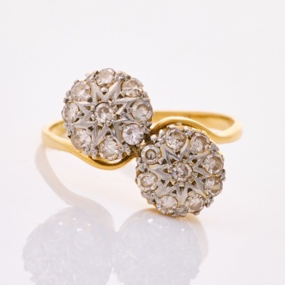 18ct Yellow / White Gold, Vintage, .54ct Diamond Double Cluster Ring