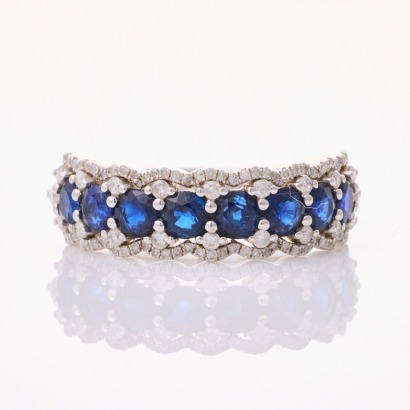 14ct White Gold, Modern, Round Sapphire / .38ct Diamond Ring