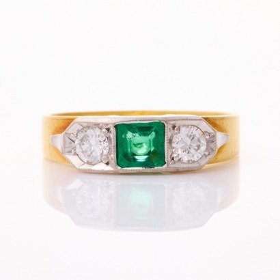 18ct Yellow / 9ct White Gold, .44ct Emerald / .32ct Diamond Three Stone Ring