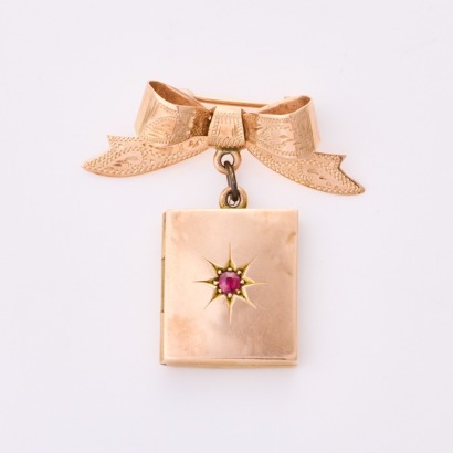9ct Rose Gold, Bow Brooch with 2.0mm Ruby Set Locket